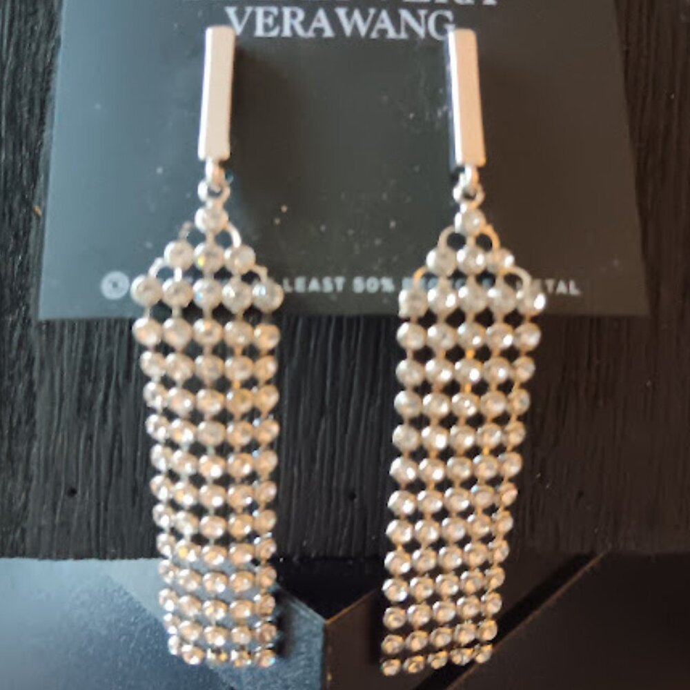 VERA WANG Glamorous Silver Clear Rhinestone Long Dangle Earrings**NEW! - Picture 2 of 3